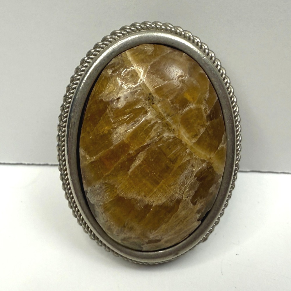 Vintage Rutile Stone Brooch Pin Oval Cabochon Silver Tone Rope Edge 1.5 in H